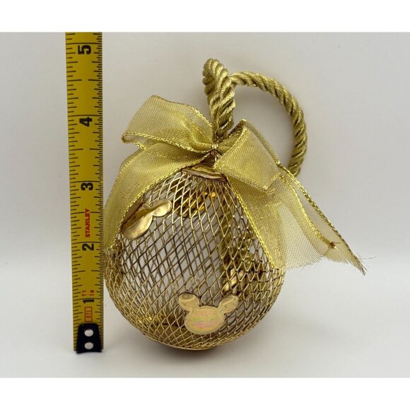 Disney Mickey Mouse Ears Christmas Ornament Gold Tone Mesh Silhouette With Bow - Picture 3 of 6